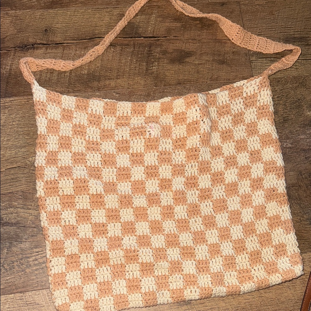 Checkered Crochet Bag - Tan and Cream